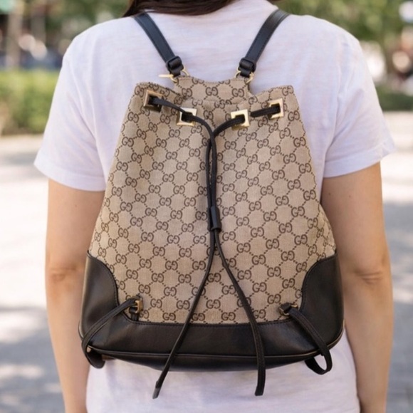 Gucci Monogram Canvas Classic Logo Rucksack Drawstring Shoulder Bag Y2K - Picture 16 of 16